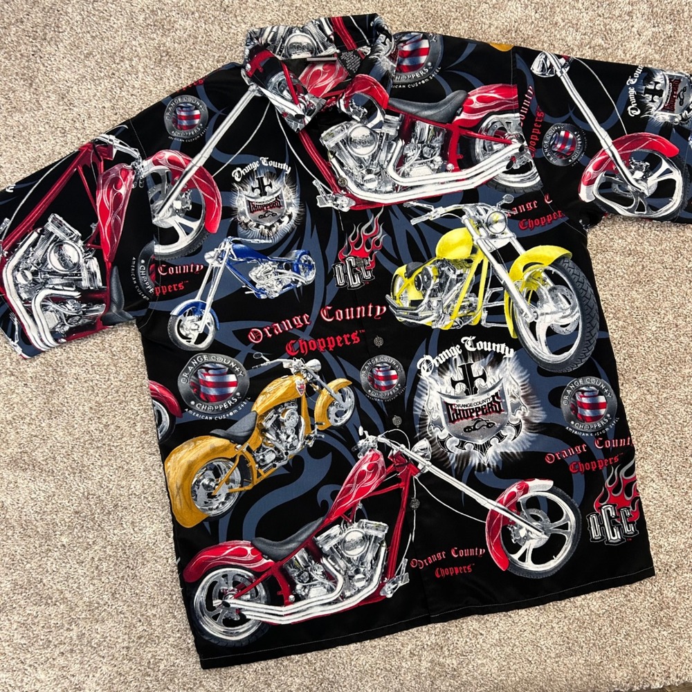 Orange County Choppers OCC Button Front Shirt Men Size Large All Over Print Y2K